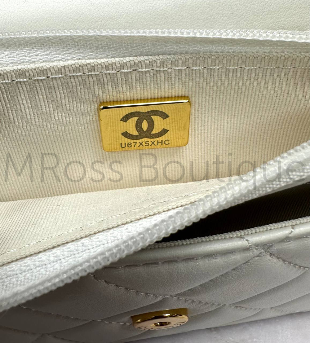 Белый клатч кошелек на цепочке Chanel Woc премиум класса
