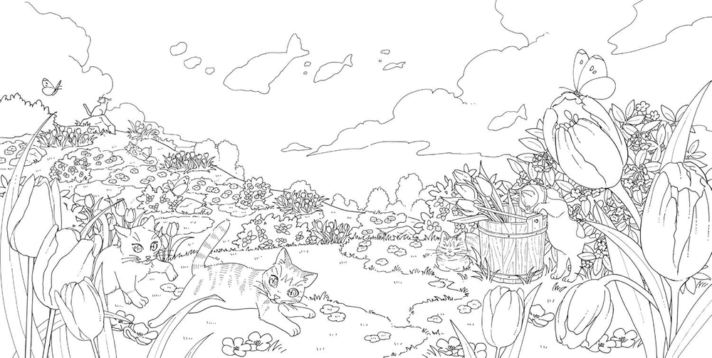 A floral journey of a cat seeking the joyful bell. Coloring Book