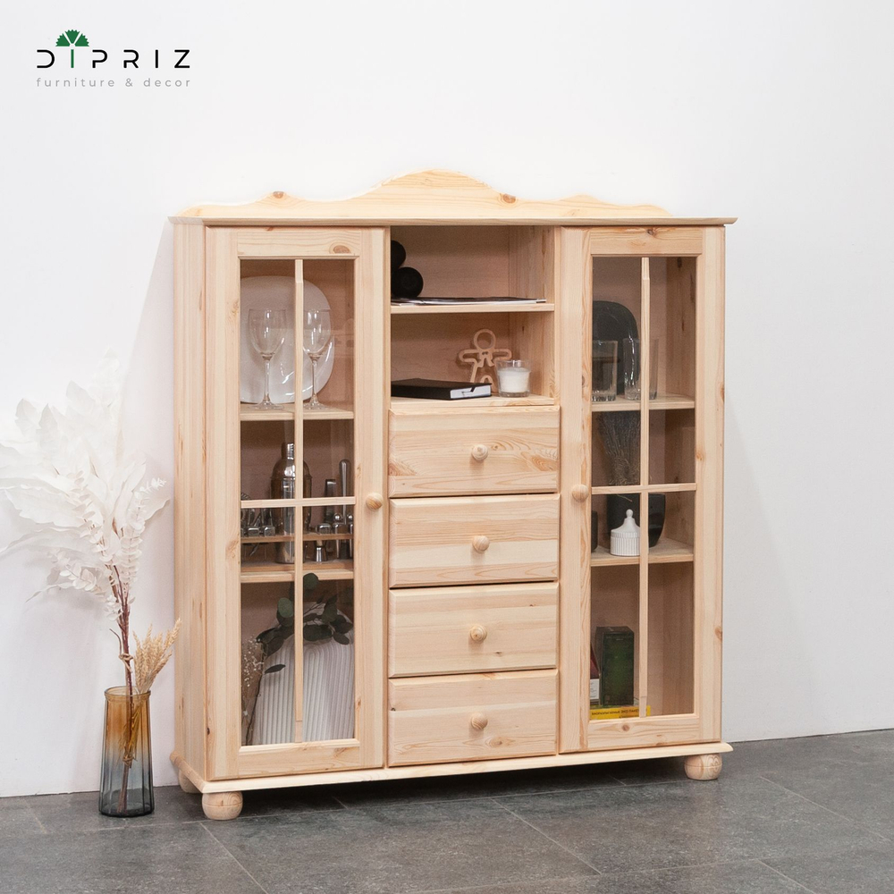 Шкаф витрина, 113х32х128, Бритта, 2 двери 4 ящика, сервант, деревянная, в прозрачном лаке, Dipriz