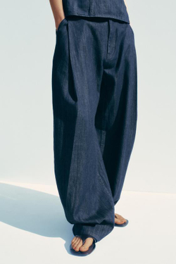 ZARA ДЖИНСОВЫЕ БРЮКИ TRF С ЗАЩИПАМИ, ТЕМНЫЙ ИНДИГО