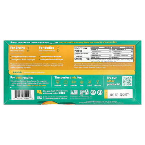 IQBAR, IQMIX®, смесь для увлажнения, чистоты и настроения, персик и манго, 20 стиков по 8 г (0,28 унции)