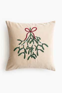 H&M HOME РОЖДЕСТВЕНСКИЙ БАРХАТНЫЙ ЧЕХОЛ НА ПОДУШКУ С ПРИНТОМ, БЕЖЕВЫЙ