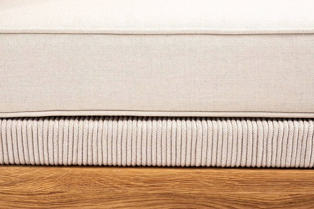 "Канны" угловой модуль плетеный из роупа, основание дуб, роуп бежевый круглый, ткань бежевая 052