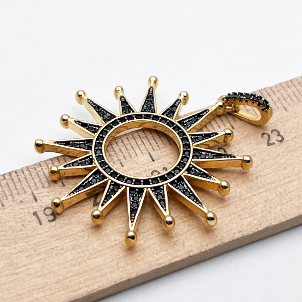 Подвеска Солнце, цвет золото, черные фианиты, размер 37*35 мм + бейл, цена за 1 шт