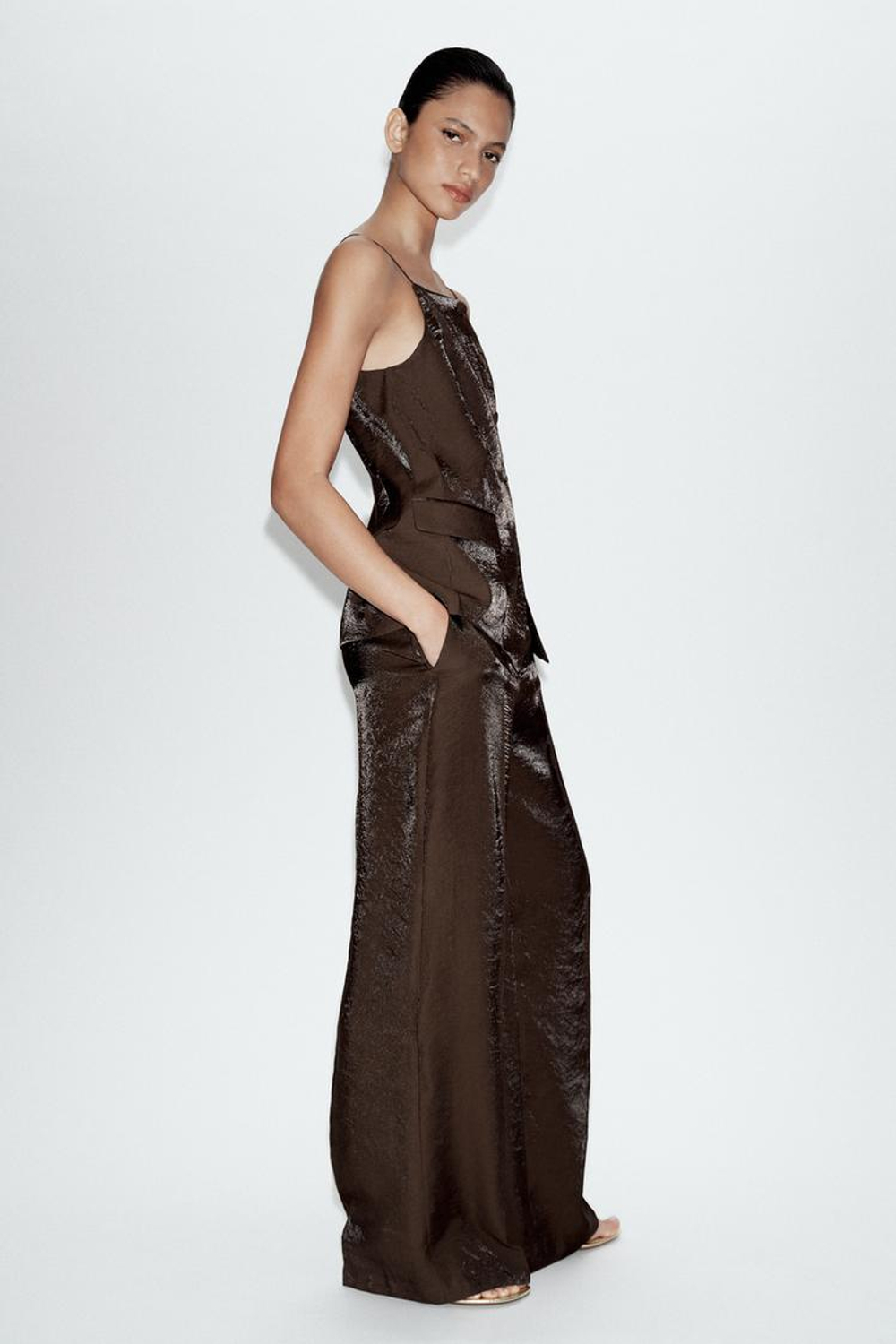 ZARA БРЮКИ ПРЯМОГО КРОЯ С БЛЕСКОМ, КОРИЧНЕВЫЙ