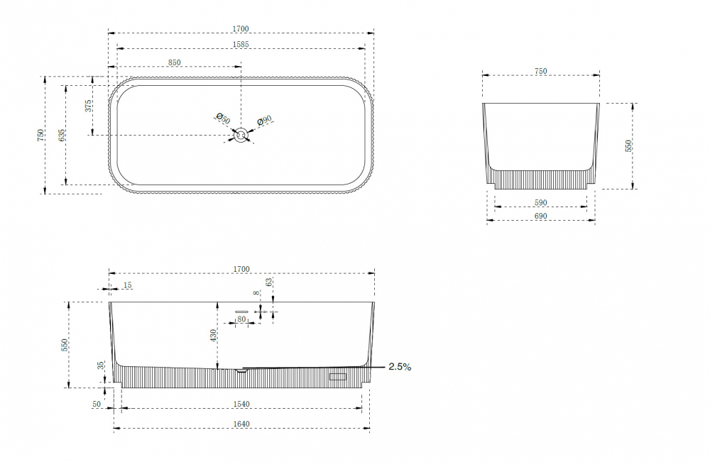 Ванна из искусственного камня ABBER Stein AS9663Violett фиолетовая схема