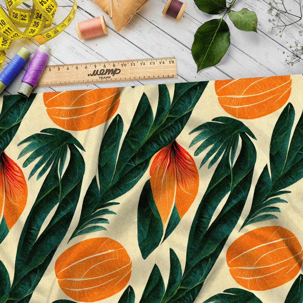 Ткань лён крупные оранжевые листья