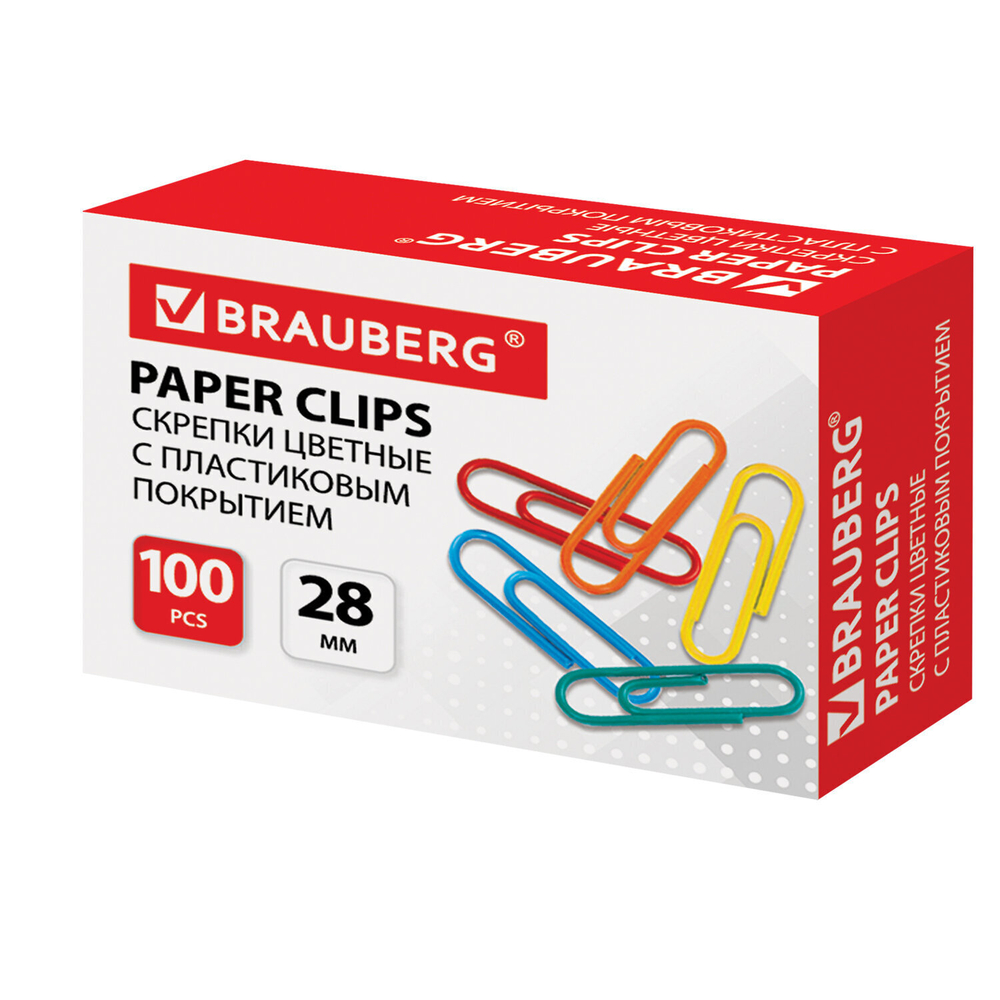 Скрепки BRAUBERG 28 мм цветные 100 шт. в картонной коробке Россия (20 штук в упаковке)