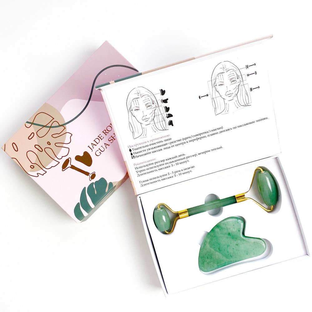 Набор 2шт из авантюрина. Роллер-массажер / скребок для массажа Гуаша