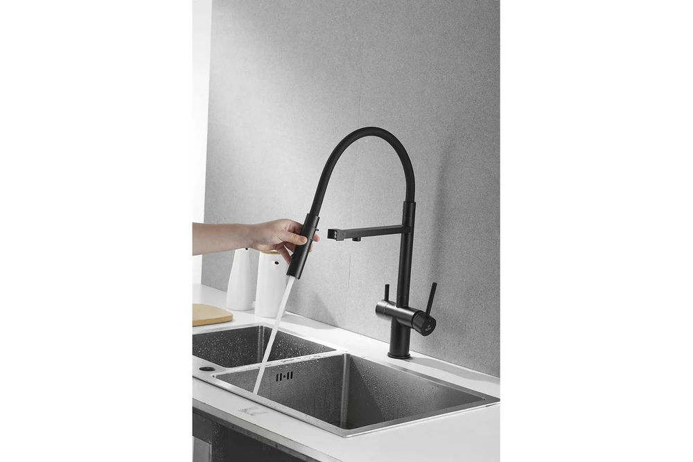 Смеситель для кухни, гибкий излив, магнитная вставка, под фильтр, черный, Rose R958H
