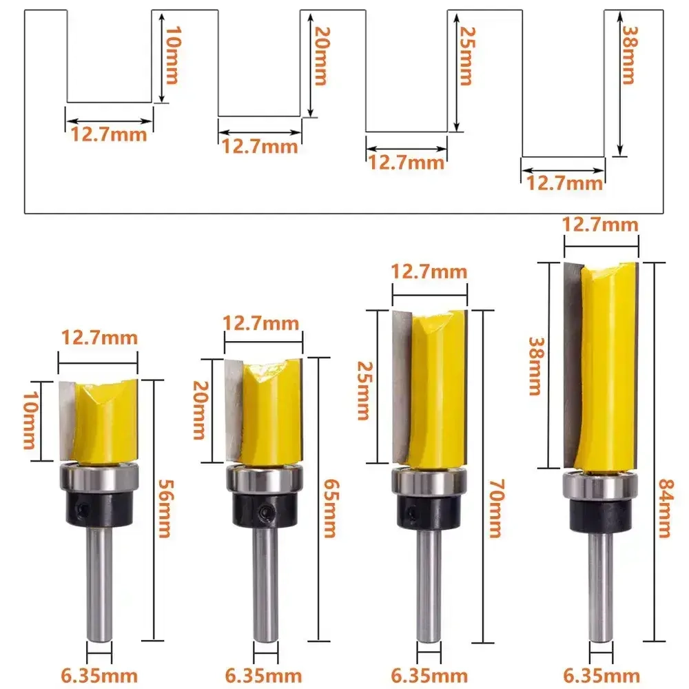 Набор фрез по дереву;Набор включает: 4 фрезы разной глубины.хвостовик 1/4 дюйма(6.35 мм).