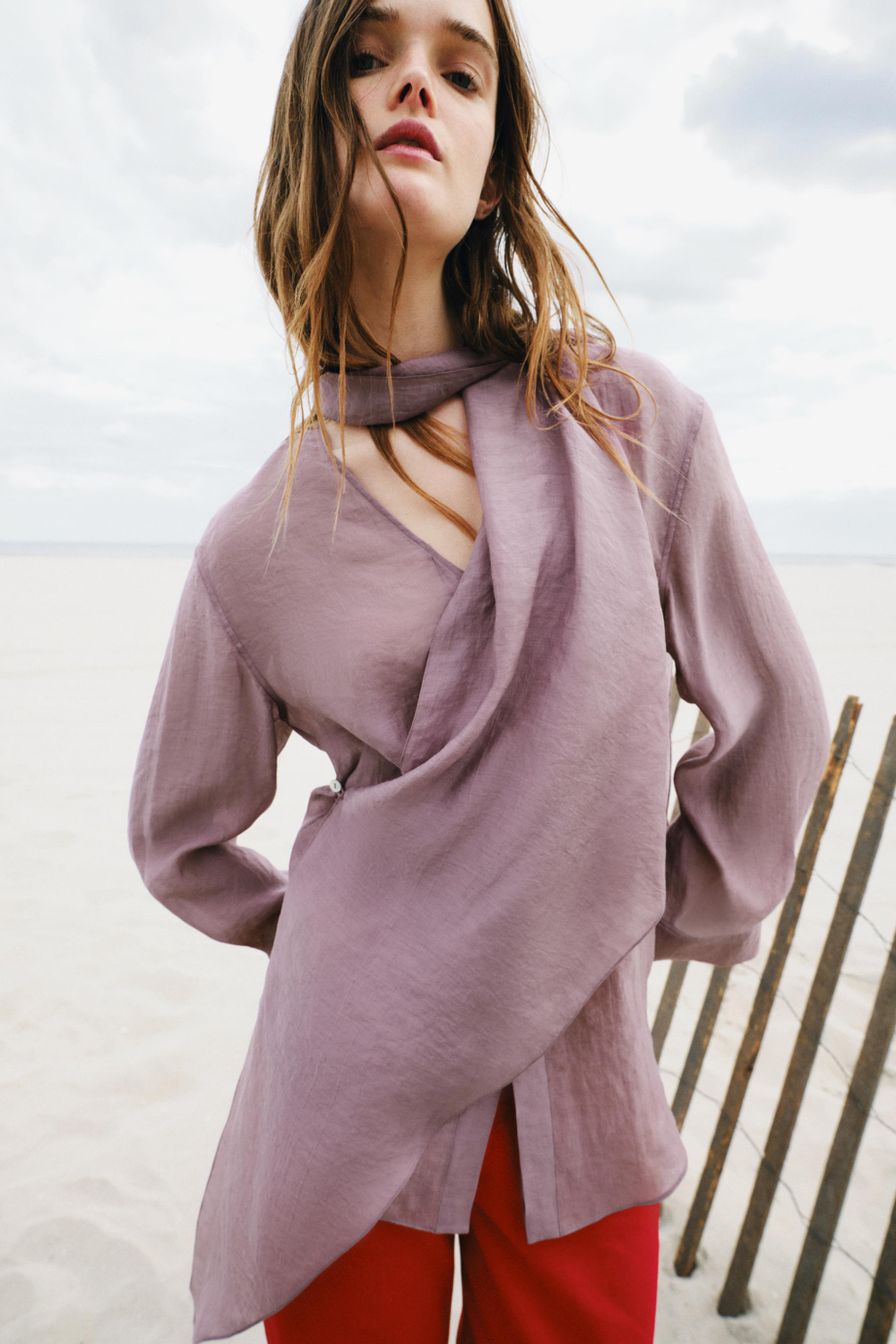 ZARA РУБАШКА С ШАРФОМ ZW COLLECTION, СИРЕНЕВЫЙ