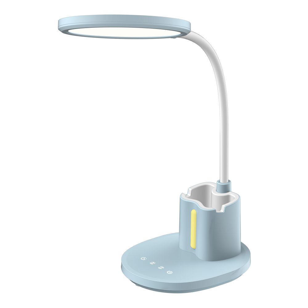 ULM-D150 15W-3000-6500K-DIM BLUE Светильник настольный светодиодный с подставкой под телефон и канцелярские принадлежности. С ночной подсветкой. Сенсорный выключатель. Диммер. Голубой. TM Uniel