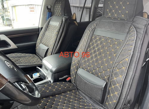 RR - 33 Желтый / Комплект чехлов на сиденья, ткань черная, строчка желтая, 5 предметов, серия: тип-топ (за комплект) Оптом