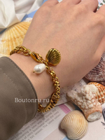 Массивный золотистый браслет цепь с ракушкой и жемчужиной