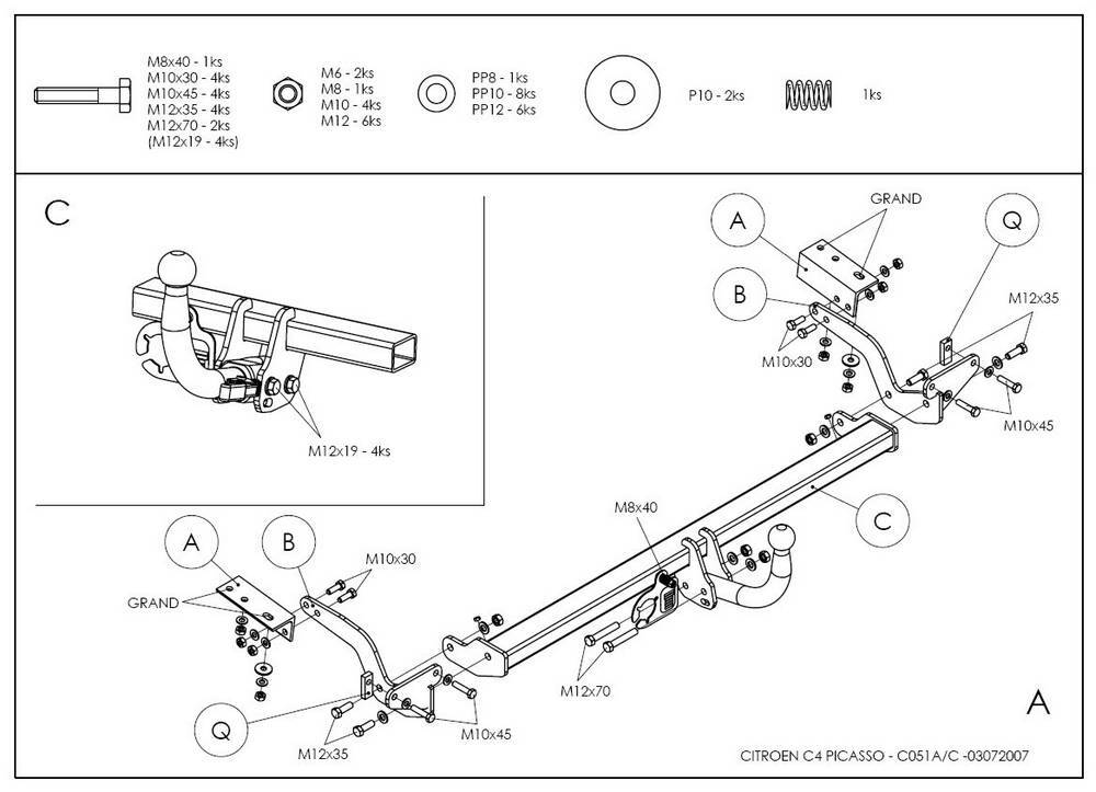 Фаркоп оцинкованный Galia C051A для Citroen C4 Picasso 2006-2013, Citroen C4 Grand Picasso 2006-2013, Peugeot 5008 2009-2017(паспорт и сертификат в комплекте)(без электрики)