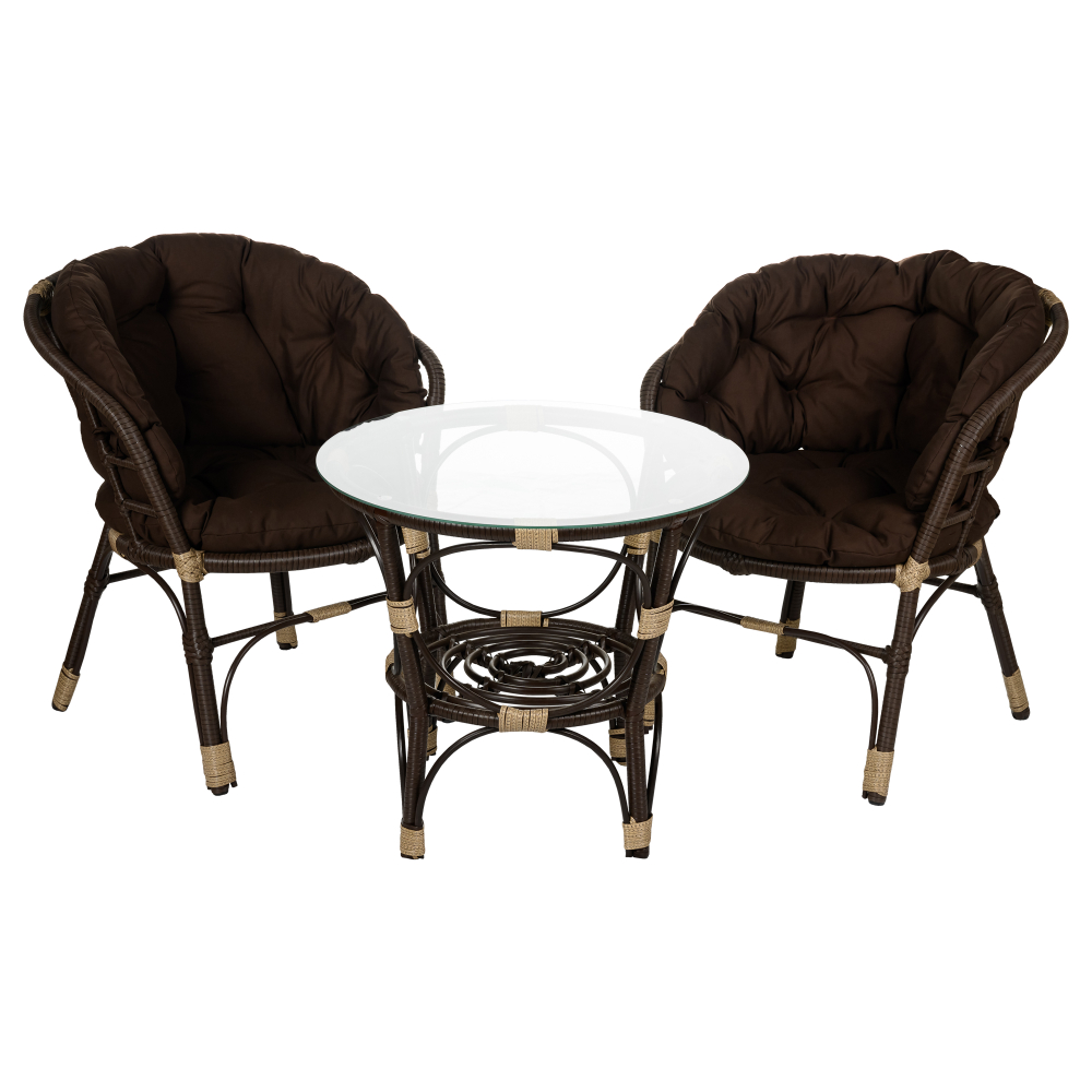 Набор мебели Garden Story Багамы Лайт 5у(1штаб-2 кресл+2уп подуш+стол+стекл),иск ротанг корич,подуш корич) (Б)