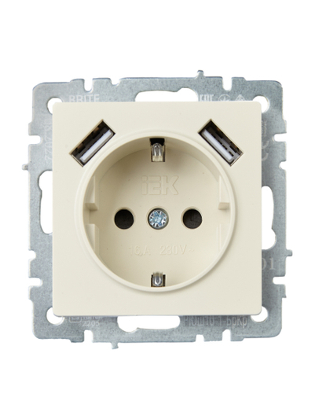 BRITE Розетка 1-местная с заземлением с защитными шторками 16А с USB A+A 5В 2,1А РЮш10-1-БрКр бежевый IEK