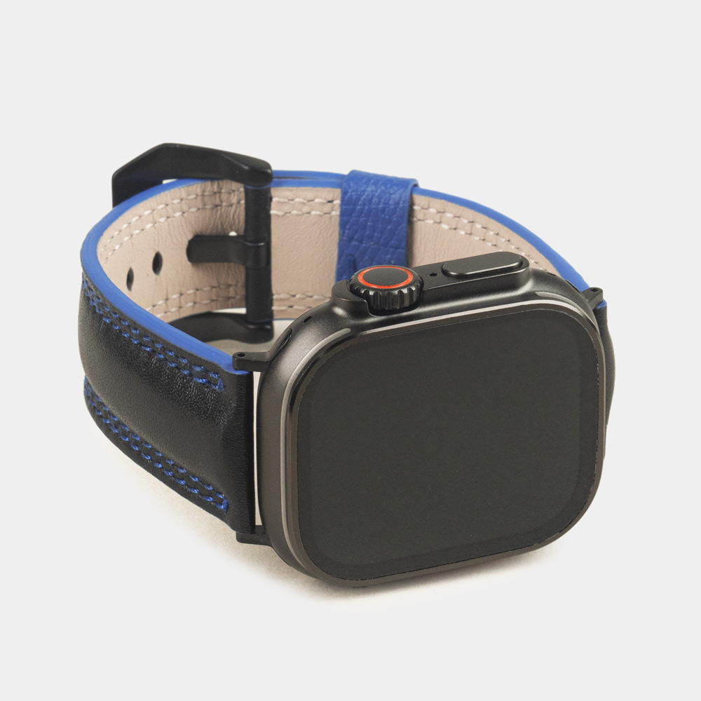 Ремешок для Apple Watch Ultra 49mm из кожи теленка черного цвета с синей строчкой