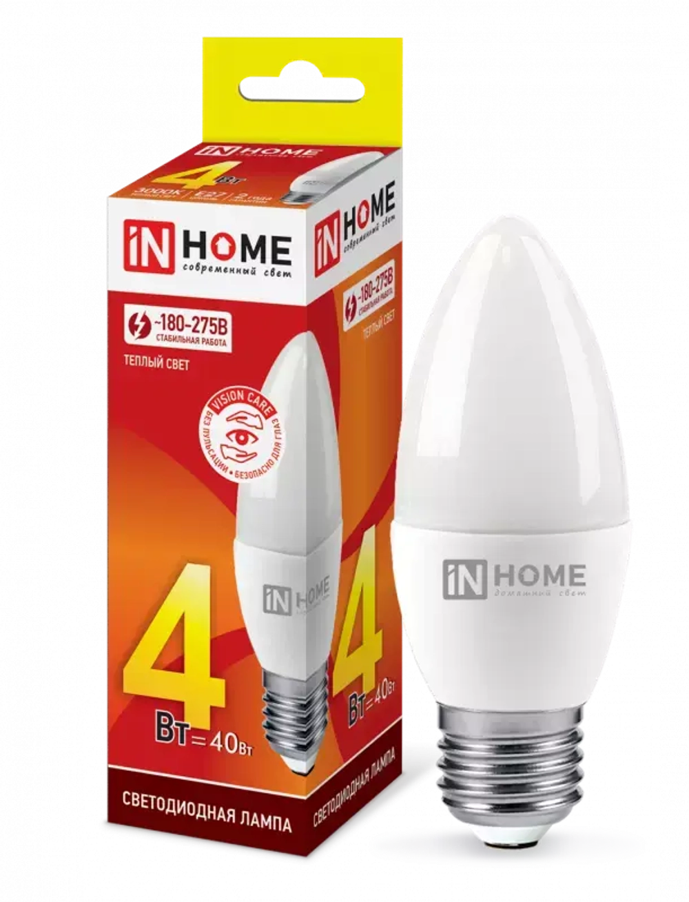 Лампа светодиодная LED-СВЕЧА-VC 4Вт 230В Е27 3000К ТЕПЛЫЙ 360Лм IN HOME