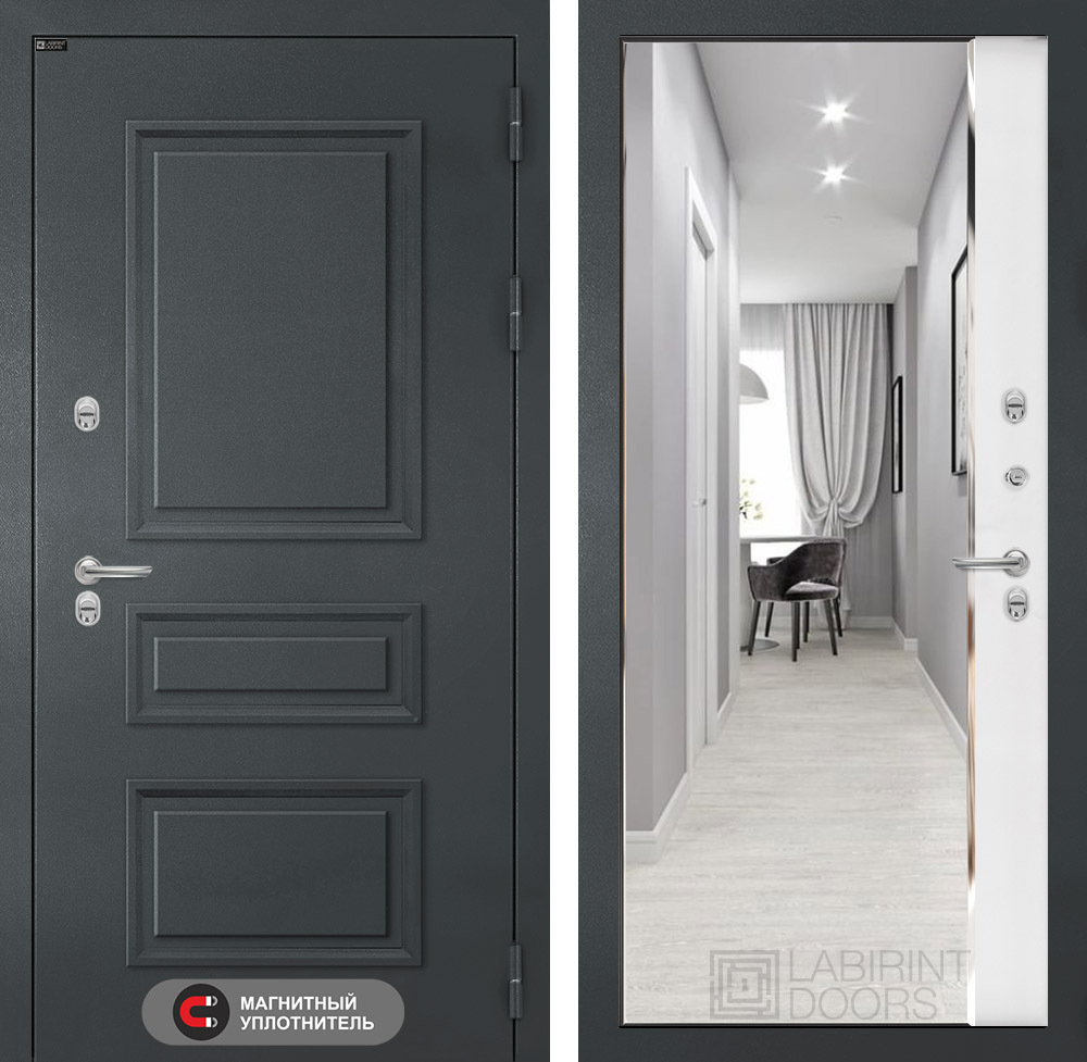 Дверь с терморазрывом Входная Лабиринт ATLANTIC С зеркалом Панорама Белый софт