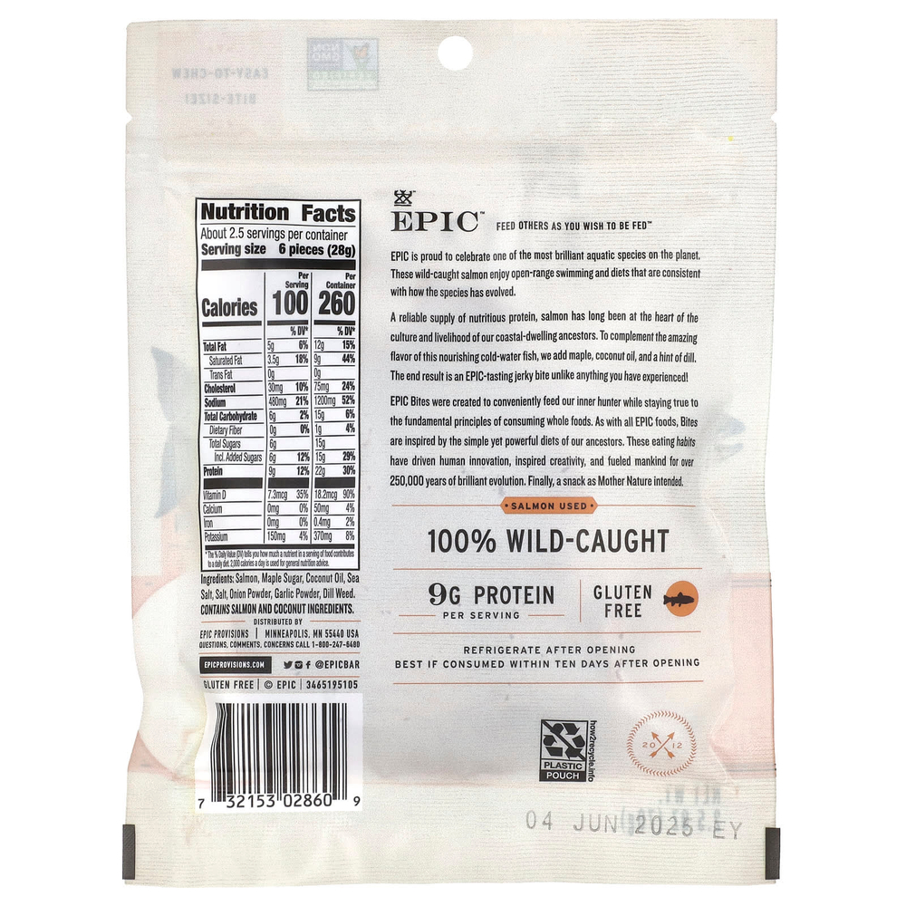 Epic Bar, Укусы лосося, глазированные и копченые из клена, 70 г (2,5 унции)