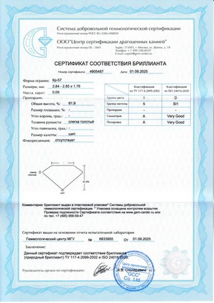Бриллиант Кр-57 2.84 х 2.85 х 1.76 мм 1/5 0.09 ct