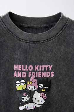 ZARA ФУТБОЛКА С ЭФФЕКТОМ ПОТЕРТОСТИ И ПРИНТОМ HELLO KITTY AND FRIENDS ©, СЕРЫЙ С МЕЛАНЖЕВЫМ ЭФФЕКТОМ