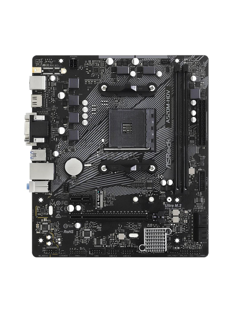 Материнская плата ASROCK A520M-HDV, AM4, A520, 2*DDR4, 4*SATA, 1*M.2, 4*USB 3.2, 2*USB 2.0, 1*PCIx16, 1*PCIx1, D-Sub+DVI-D+HDMI, mATX
