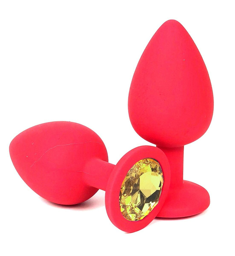 Красная силиконовая анальная пробка с желтым стразом - 9,2 см. (Цвет: желтый)