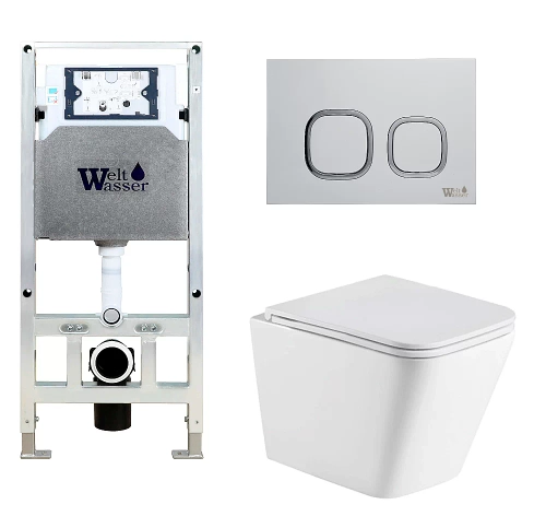 Унитаз подвесной WeltWasser AMBERG 506 ST + GELBACH 043 GL-WT + AMBERG RD-WT белый глянцевый, безободковый, с крышкой микролифт, слив-торнадо, с инсталляцией и белой кнопкой