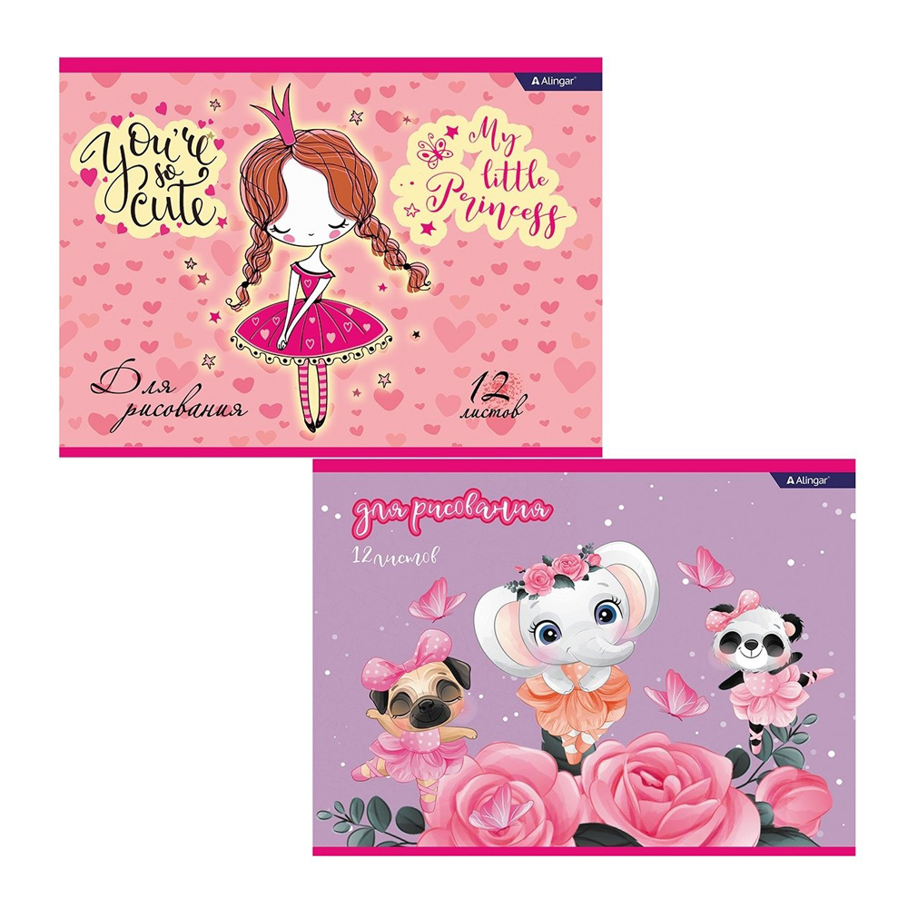 Альбом для рисования Alingar, формат А4, 12 листов, офсет, серия "Микс для девочек"