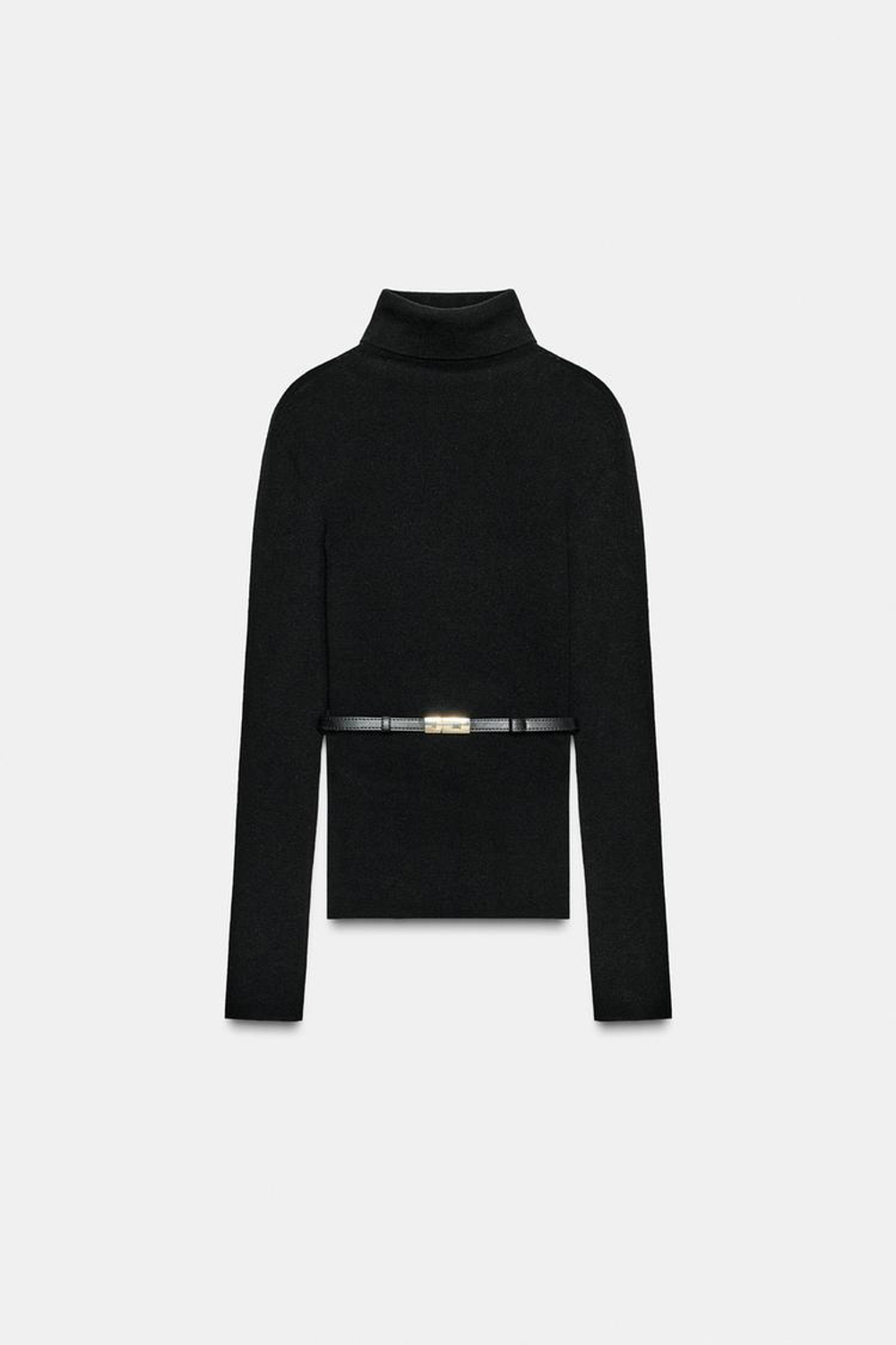 ZARA СВИТЕР ИЗ 100% ШЕРСТИ С ВЫСОКИМ ВОРОТНИКОМ И РЕМНЕМ, ЧЕРНЫЙ