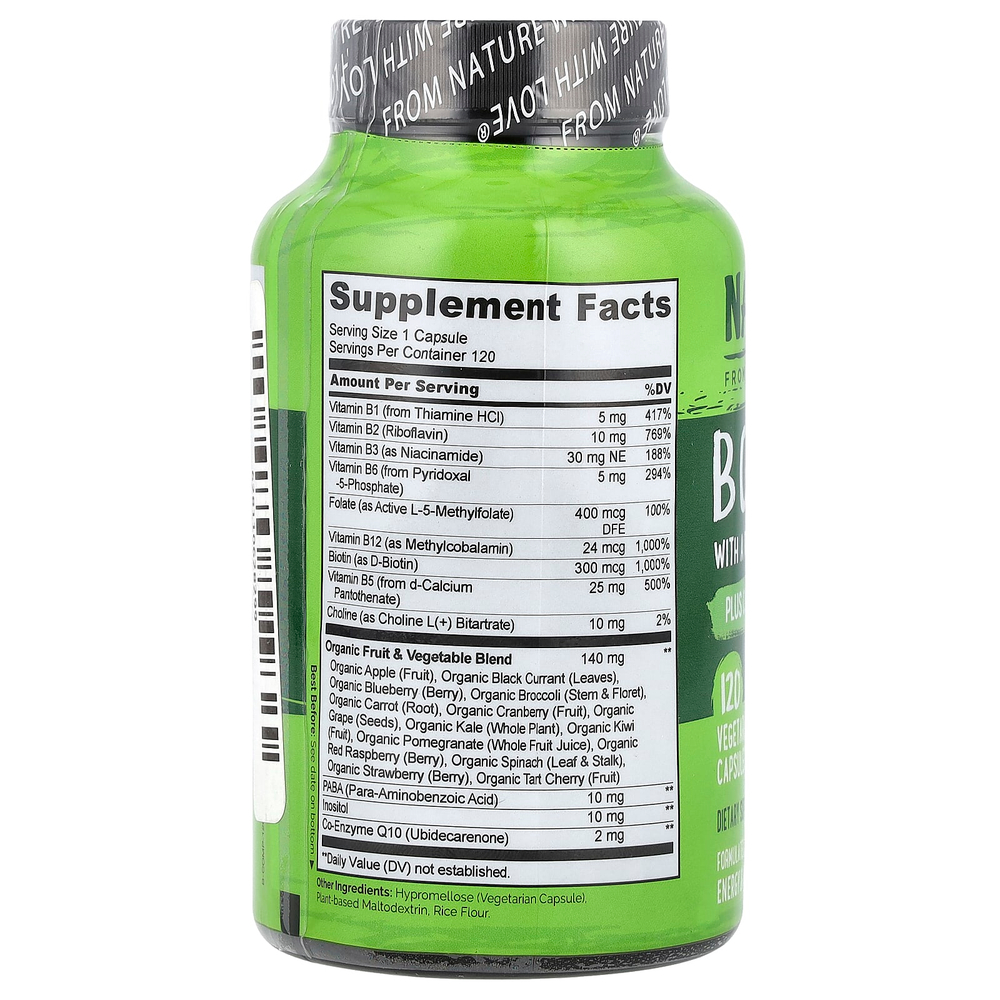 NATURELO, комплекс витаминов группы B со смесью фруктов и овощей, с коэнзимом Q10, 120 вегетарианских капсул