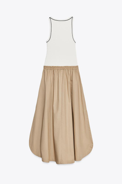 ZARA КОМБИНИРОВАННОЕ ПЛАТЬЕ-МИДИ ИЗ ПОПЛИНА, МЯГКИЙ КАШТАНОВЫЙ