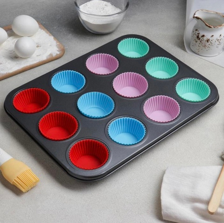 Форма для выпечки 35×26,5×2,5 см, 12 ячеек, силиконовые вкладки, антипригарное покрытие