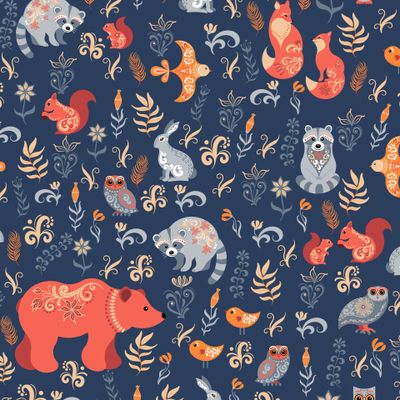 Лесные животные и птицы на синем фоне-2. (Дизайнер Irina Skaska)
