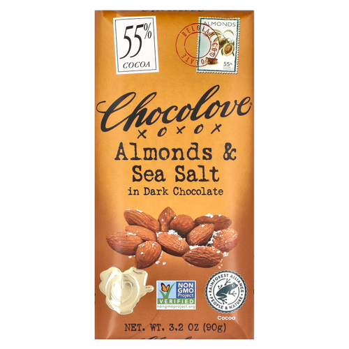 Chocolove, черный шоколад с миндалем и морской солью, 55% какао, 90 г (3,2 унции)