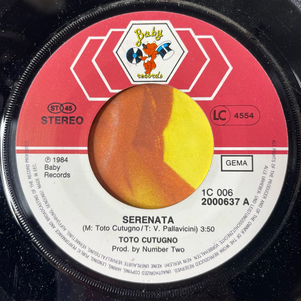 Винтажная виниловая пластинка 7 дюймов (маленькая пластинка) Toto Cutugno Serenata (Германия 1984)