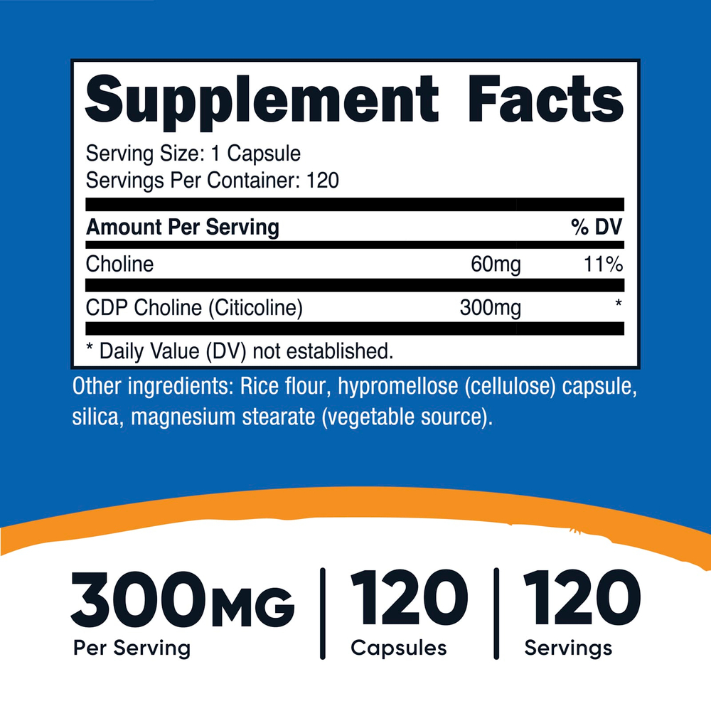 Nutricost, CDP Choline, цитиколин, 300 мг, 120 капсул