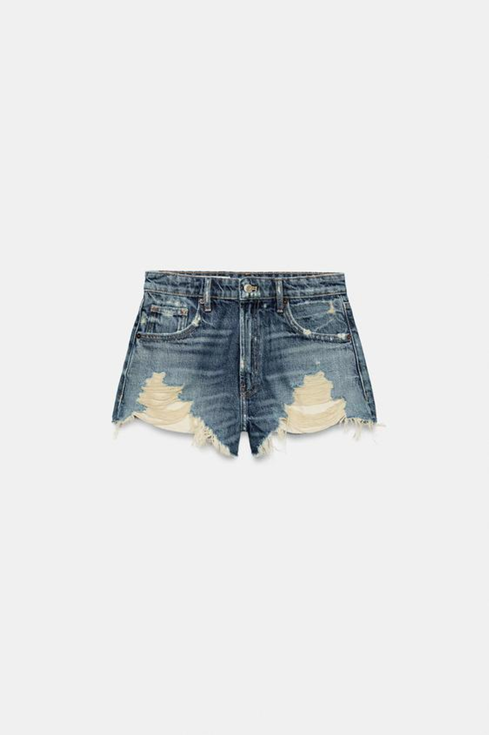ZARA ДЖИНСОВЫЕ ШОРТЫ TRF С ВЫСОКОЙ ПОСАДКОЙ И РАЗРЫВАМИ, СИНИЙ