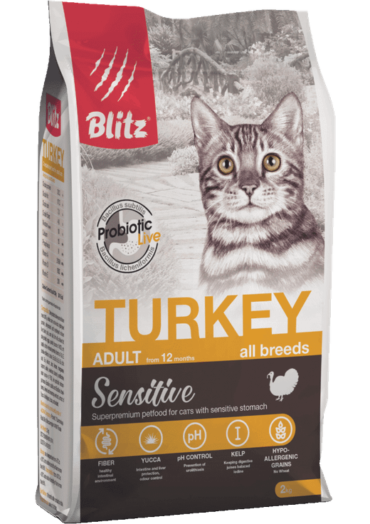 Сухой корм для взрослых кошек Blitz Sensitive Turkey Adult Cat All Breeds с индейкой, 2 кг