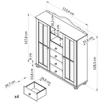 Шкаф витрина 113х32х128, Бритта, стеклянная для посуды, двухдверная, буфет деревянный, массив сосны, с 4 ящиками, серый/антик, Dipriz