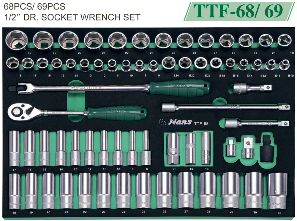 Набор торцевых головок и аксессуаров на 1/2" Hans, 68 предметов, TTF-68