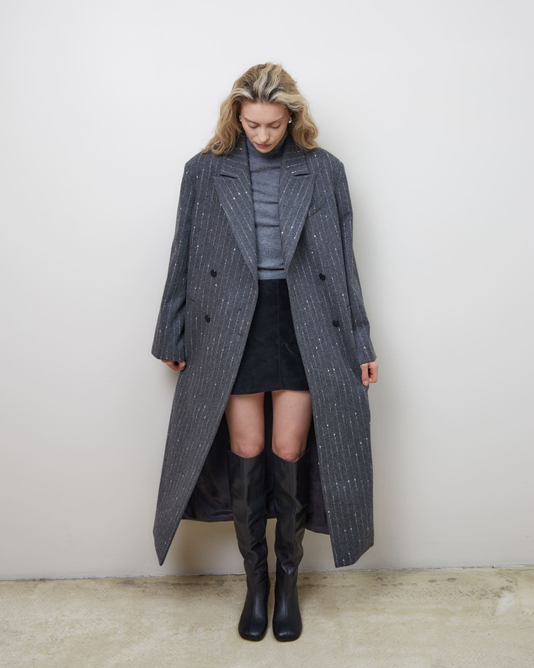 Пальто с дополнительными петлями из шерсти Стелла Маккартни полоска серый