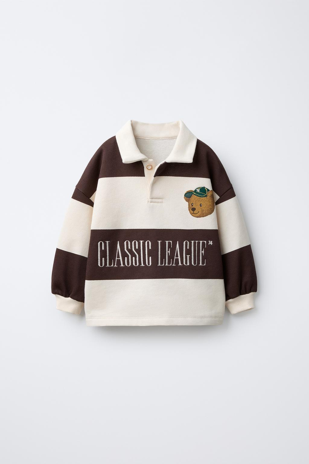 ZARA ПОЛО В ПОЛОСКУ С ВЫШИВКОЙ МИШКИ, ЭКРЮ/КОРИЧНЕВЫЙ