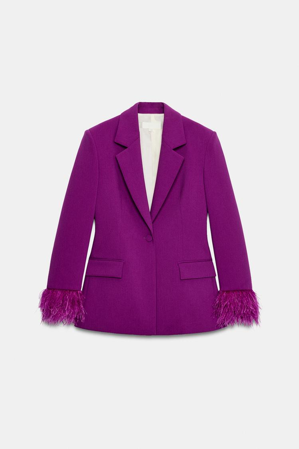 ZARA БЛЕЙЗЕР С ПЛЕЧАМИ И ПЕРЬЯМИ НА МАНЖЕТАХ, ПУРПУРНЫЙ