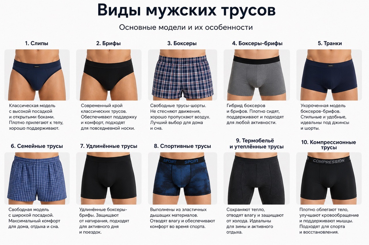 Виды мужских трусов: 10 основных моделей по выбору