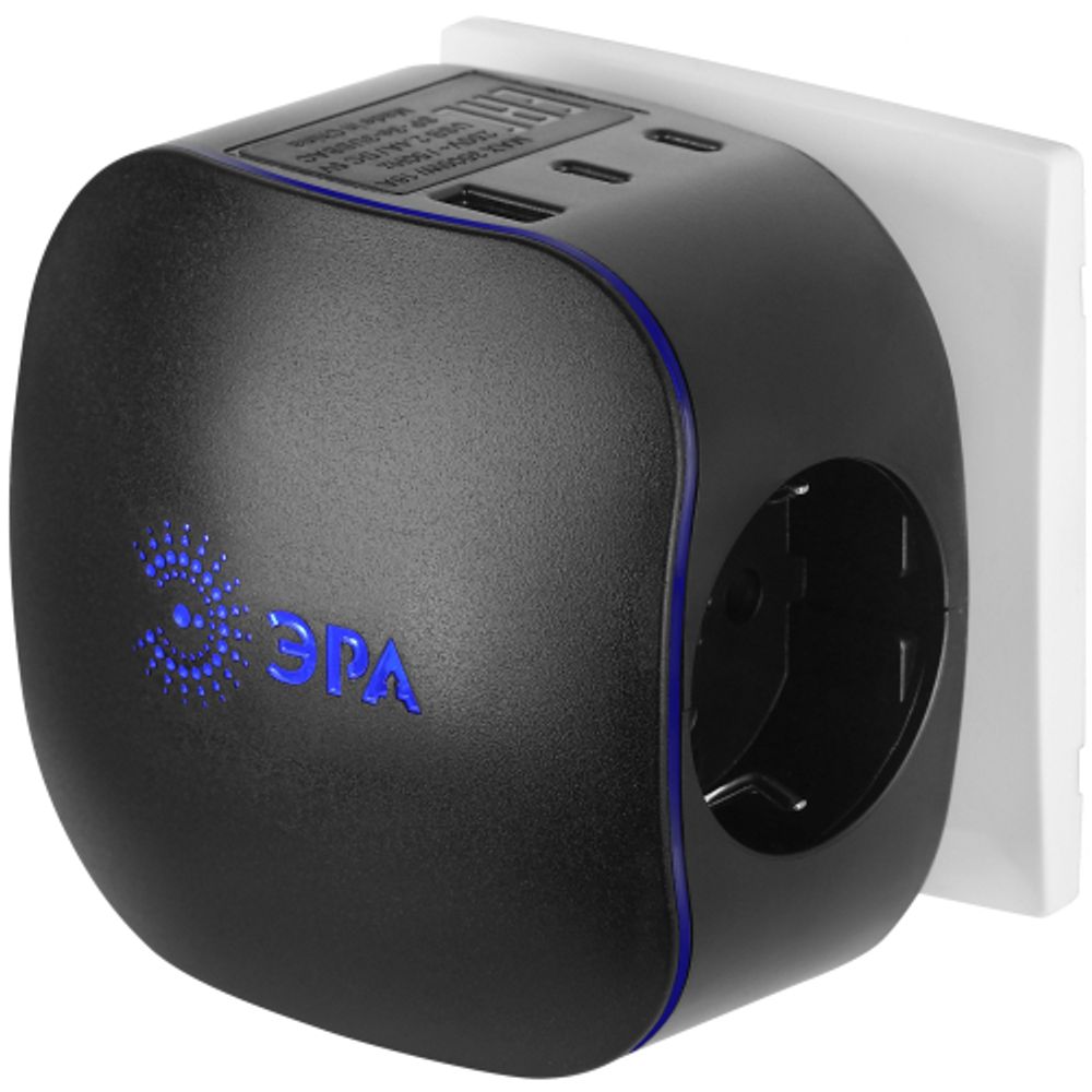 Разветвитель электрический ЭРА SP-3e-3USBAC-B на 3 розетки + 3 USB A+C с заземлением со шторками 16А черный | Тройники