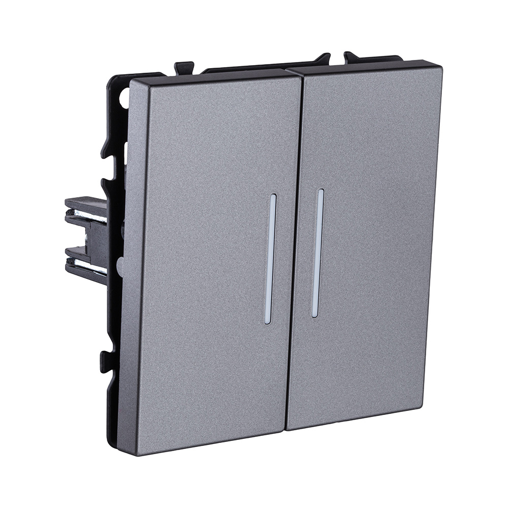 Выключатель 2-клавишный проходной 10А/250В с LED подсветкой, серый Kollinger Eclipse EC-011GY